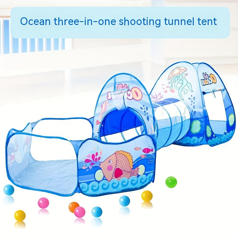 Portable foldable tent playhouse for indoor use with an ocean theme.