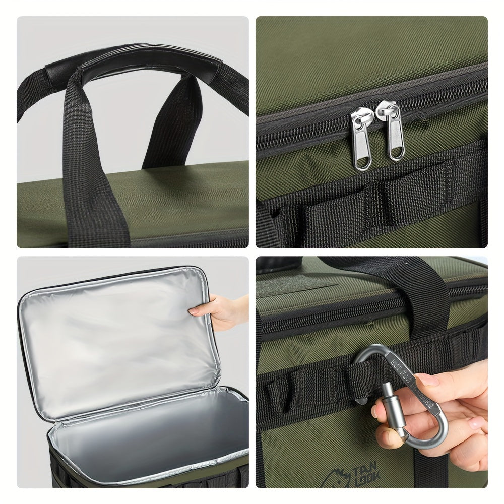 Large capacity polyester cooler bag with dual color options, carry handles, and carabiner hook for outdoor activities.