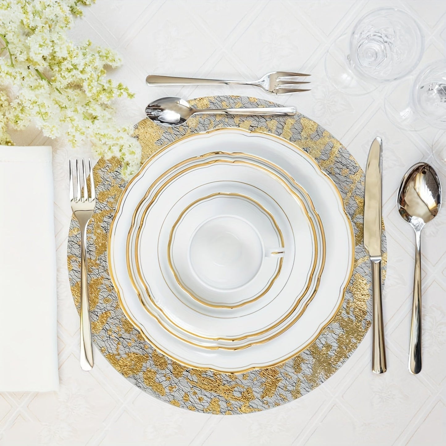 12-piece set of Golden Foil Mesh Disposable Placemats perfect for Halloween, Christmas, New Year, weddings, birthdays, parties, gatherings, and holiday home decor.