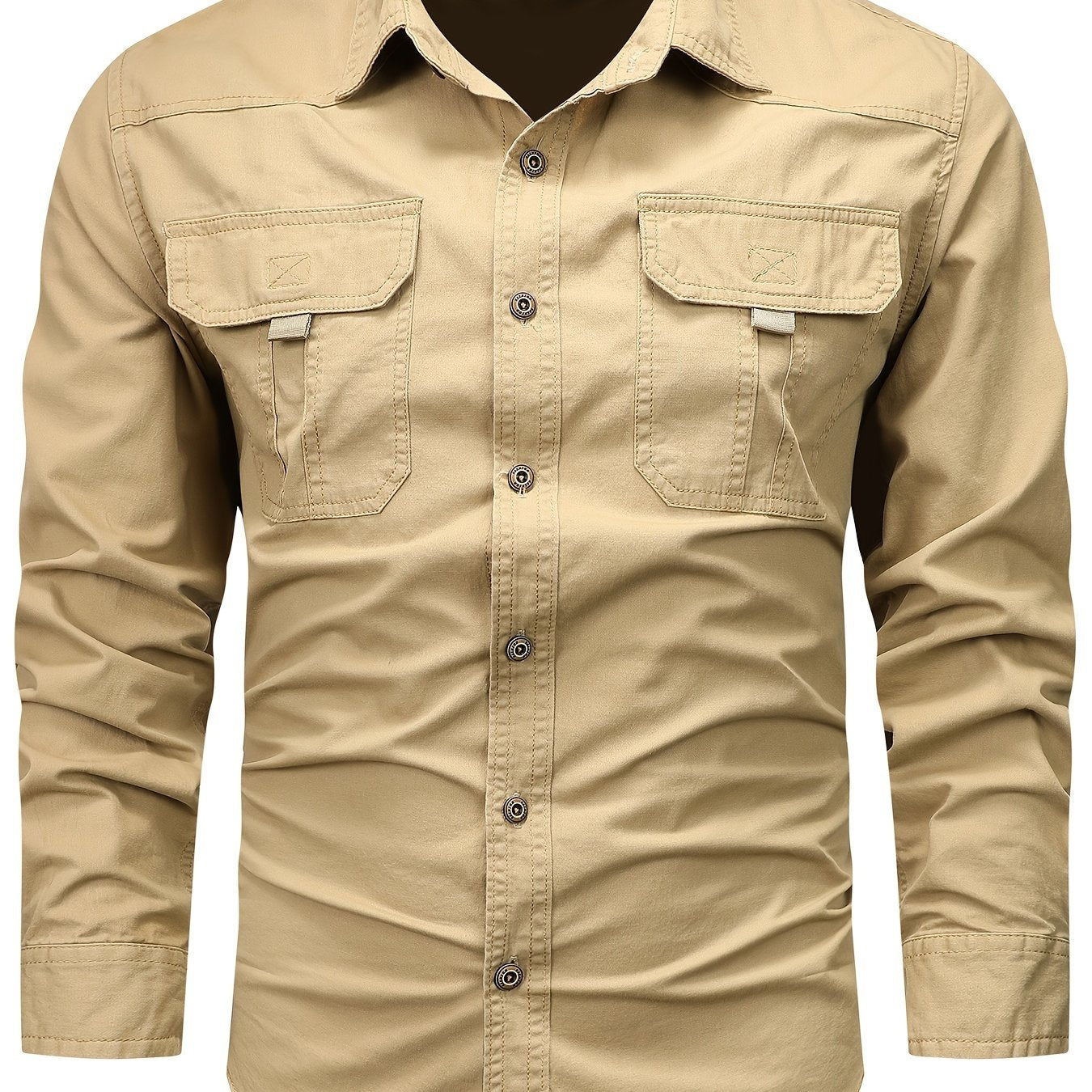 Men's Cotton Cargo Shirt with Large Pockets, Ideal for Outdoor or Casual Wear, Machine Washable