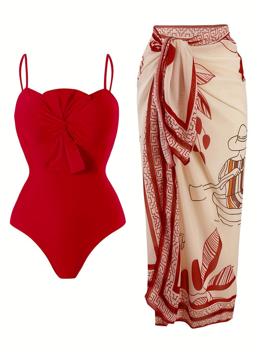 Women's vacation swimwear includes solid color two-piece and one-piece swimsuits with thin belly-controlling straps and a shaker skirt.