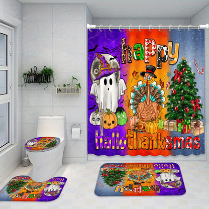 Happy Hallothanksmas Bathroom Decor Set includes a shower curtain, rugs, and accessories with a cartoon ghost turkey christmas tree design made of waterproof polyester fabric. Set includes 12 hooks.