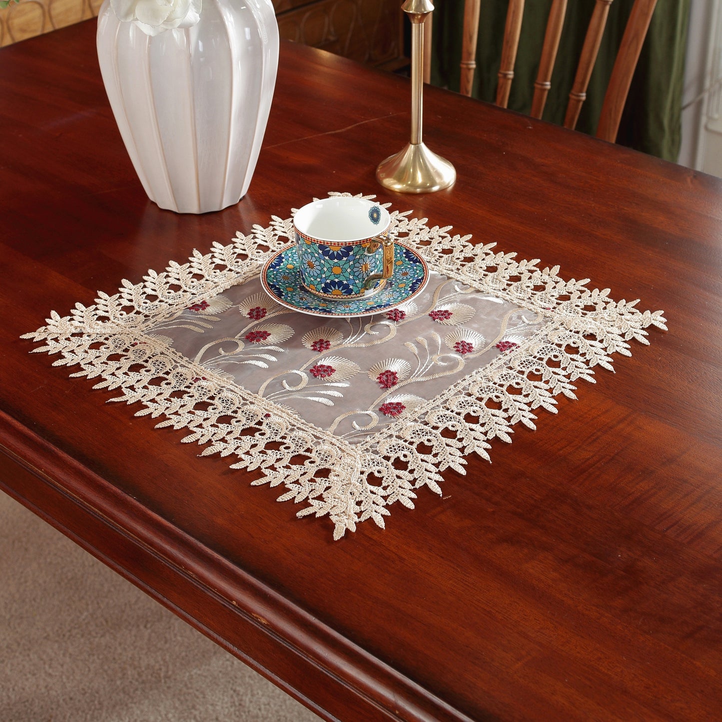 Polyester embroidered table runner for holiday and wedding decor.