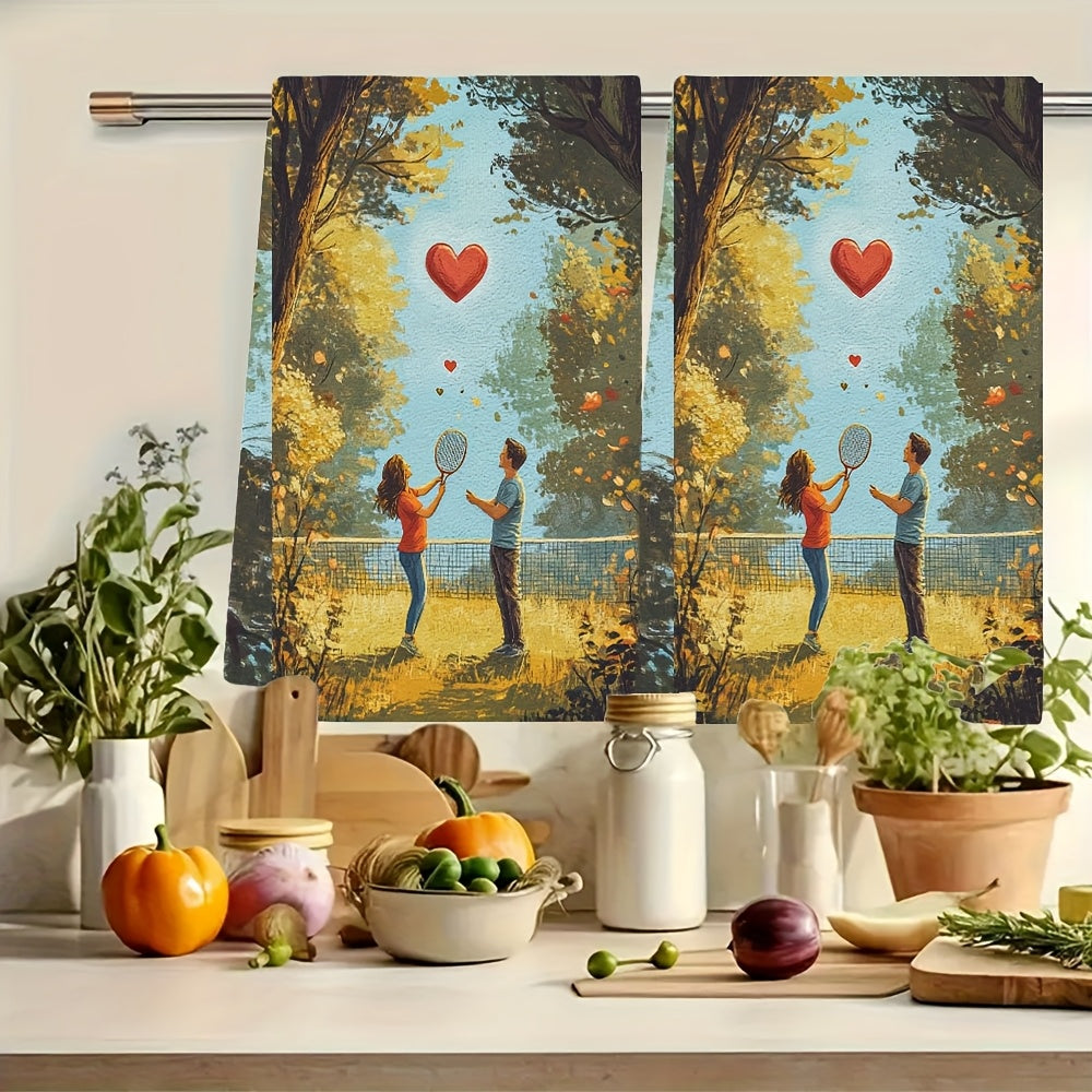 This pair of ultra-soft kitchen towels showcases a charming scene of a couple playing badminton in a park, complete with a heart-decorated shuttlecock flying between them. These highly absorbent dish towels are ideal for holiday decorating, machine