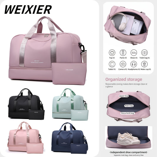 2pcs WEIXIER Nylon Travel Duffel Tote Bag Set with Adjustable Strap, Pockets for Shoes/Electronics, Wet/Dry Separation; Ideal for Gym, Beach, Business Trips