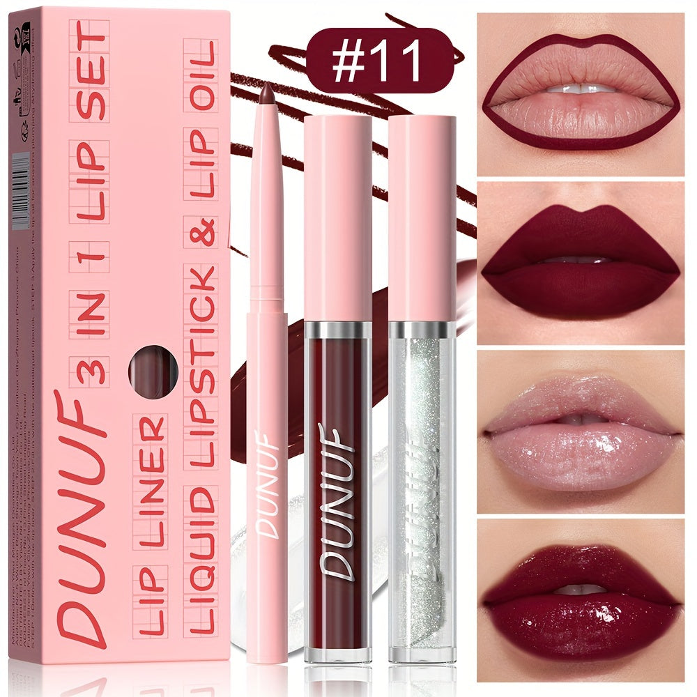 DUNUF 3-in-1 Lip Set includes velvet matte lip gloss, lip liner pencil, and lip oil, suitable for all skin types and waterproof.