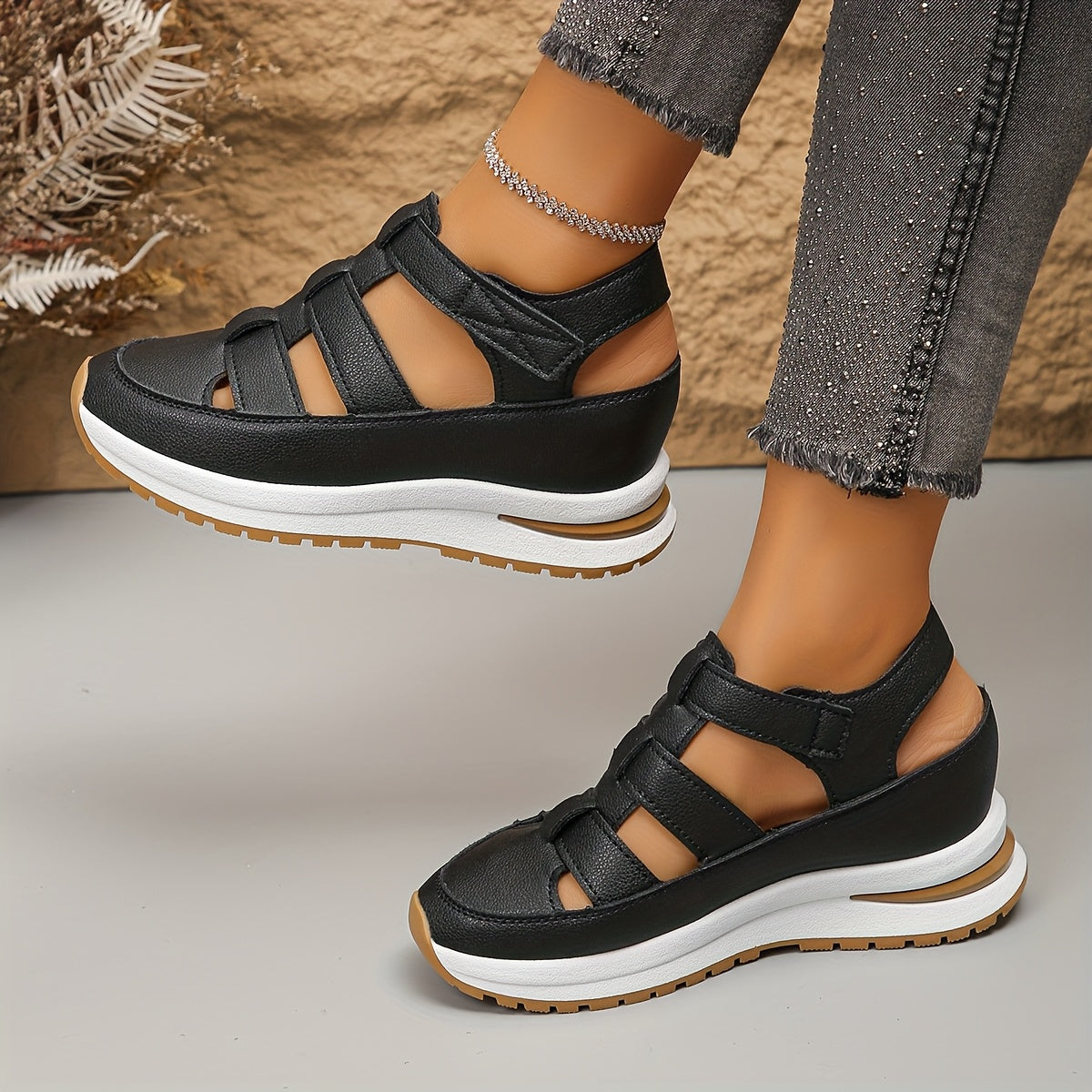 Women's fashion sandals with solid color, round toe, platform heel, hook-and-loop fastener, man-made upper and lining, rubber sole, EVA insole.