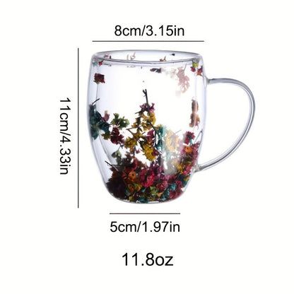 Stylish, 11.83oz double-walled glass mug with dried flowers. Perfect for coffee, milk, or juice. Made of high-quality, reusable borosilicate glass. Great gift for birthdays and special occasions.