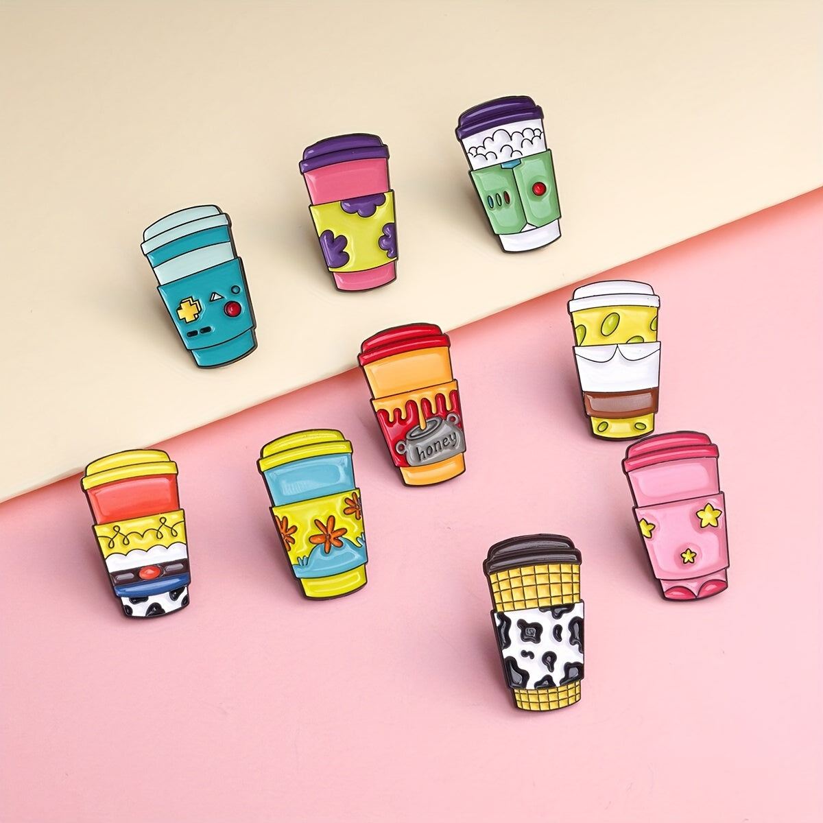 Set of 9 adorable cartoon coffee cup brooches - made of alloy, featuring a fun and simple design to add flair to your clothing accessories