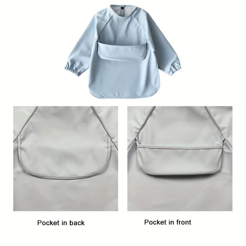 Wearing a Long Sleeve Soft PU Material Bib that Covers and Protects Eating Clothes, Waterproof and Reversible for Easy Cleaning.