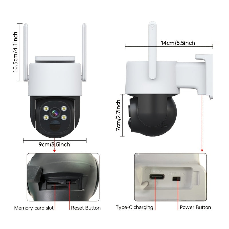 Solar-Powered Outdoor Security Camera - 360° View, WiFi Connectivity, Color Night Vision, Two-Way Audio, IP65 Waterproof, Battery Rechargeable