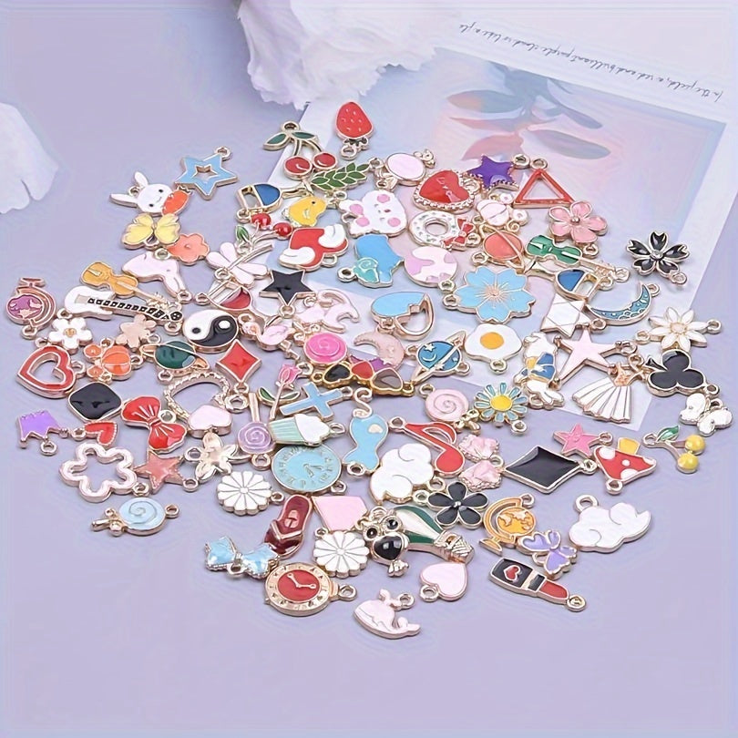 Assorted packs of cute floating charms available in quantities of 30, 50, or 100. Perfect for crafting jewelry or DIY lockets, with a variety of flowers and heart charms included.