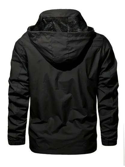 Men's Windproof Hooded Jacket for outdoor activities, machine washable.