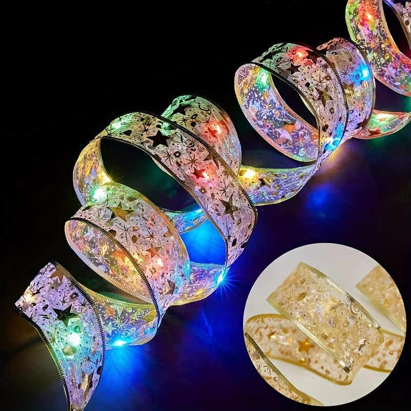 Choose from 2m/78.74" to 10m/393.7" lengths of battery-powered LED fairy lights with golden Christmas ribbons and bowknots for tree, home, and party decor, ideal for Halloween, Christmas, and weddings.