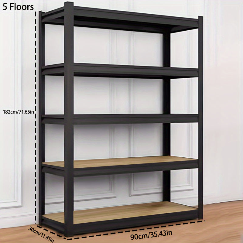 Adjustable heavy-duty storage shelf for various spaces: garage, warehouse, basement, pantry, car or food storage.