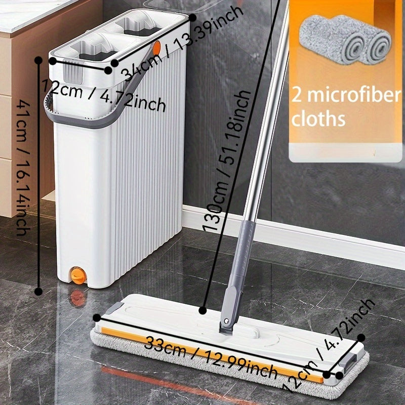 The Multi-Surface Mop Cleaner Set features a 7x magnifying metal handle, bucket, and 2 microfiber cloths. Perfect for cleaning in the kitchen, bathroom, living room, and bedroom, this set operates manually without the need for electricity.