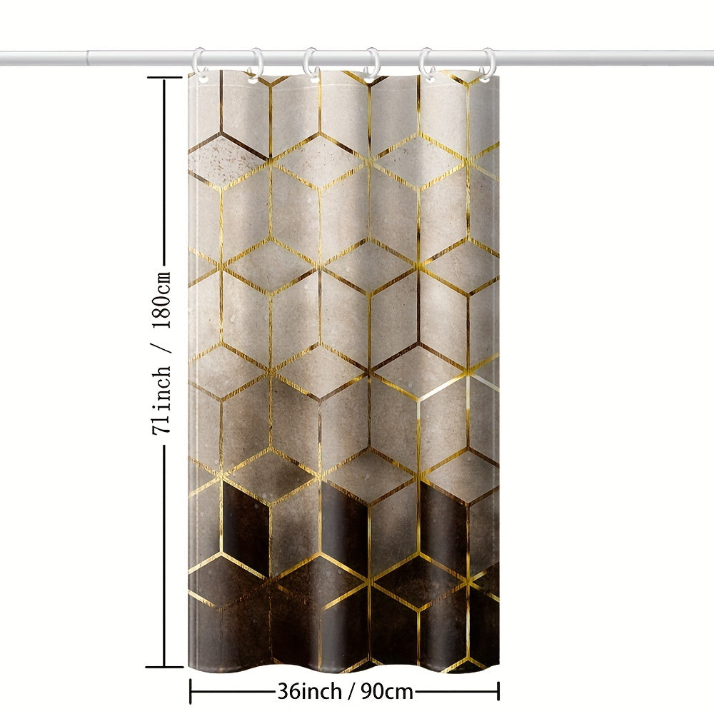 Brown gradient shower curtain with honeycomb plaid print, hooks included. Waterproof fabric for bathroom decor.