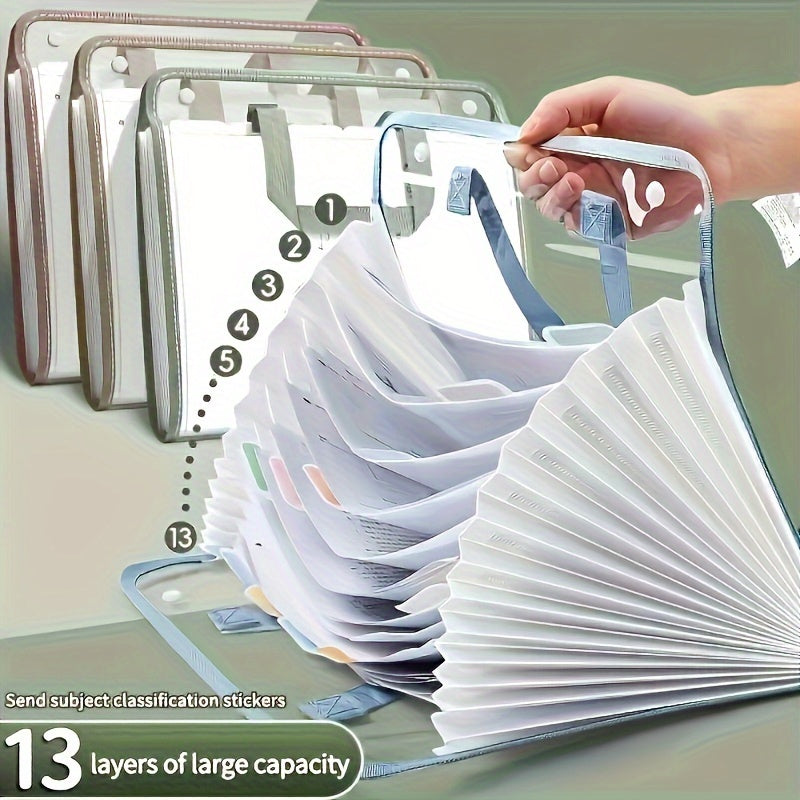 Durable PVC expanding file organizer holds A4 documents, suitable for students, office, and home use. White, waterproof and portable with handheld design. Stylish document bag for organized