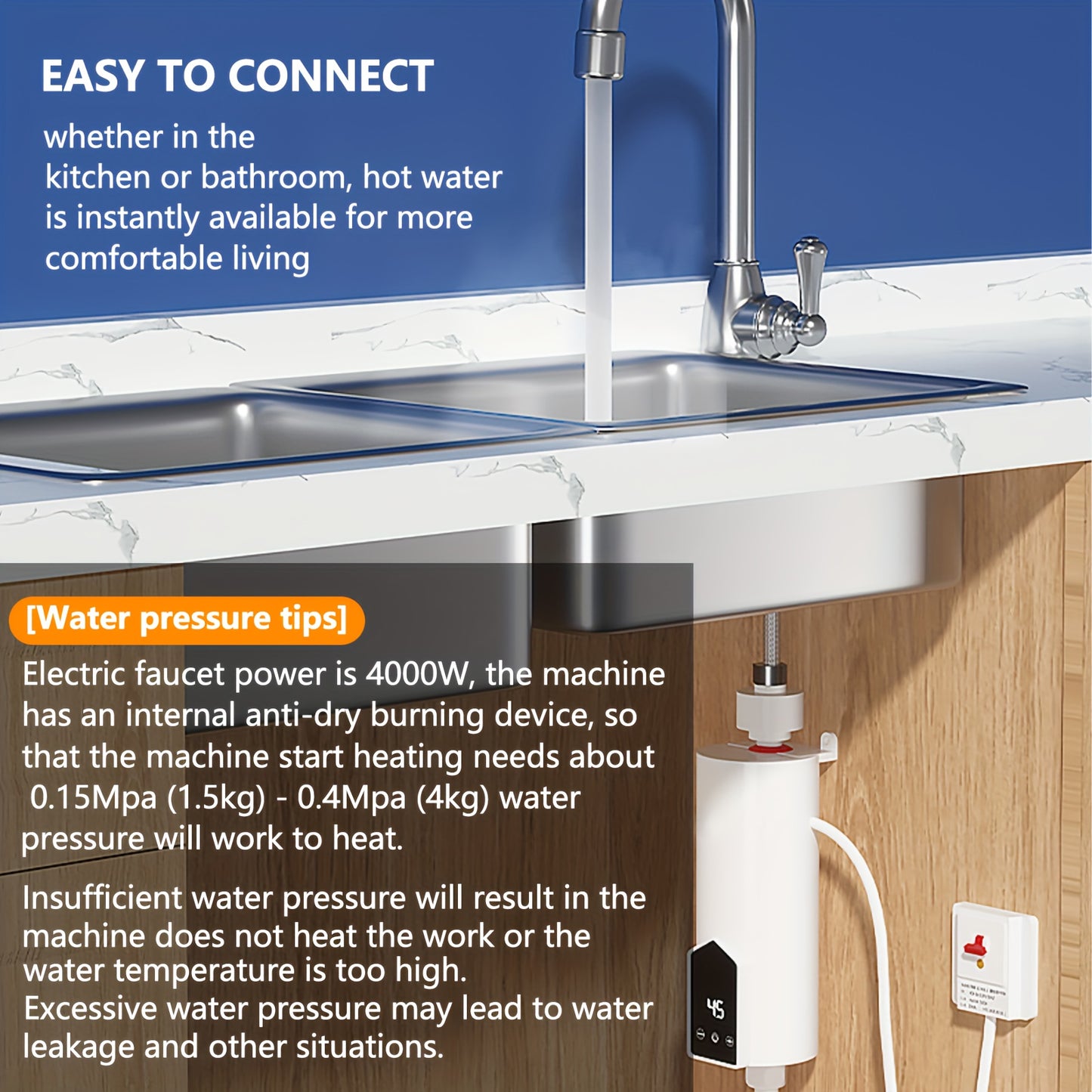 Compact 4000W Electric Water Heater with LED Display and Touch Controls for European Standard Outlets. Suitable for Kitchen and Bathroom Use (Showerhead and Hose Not Included).