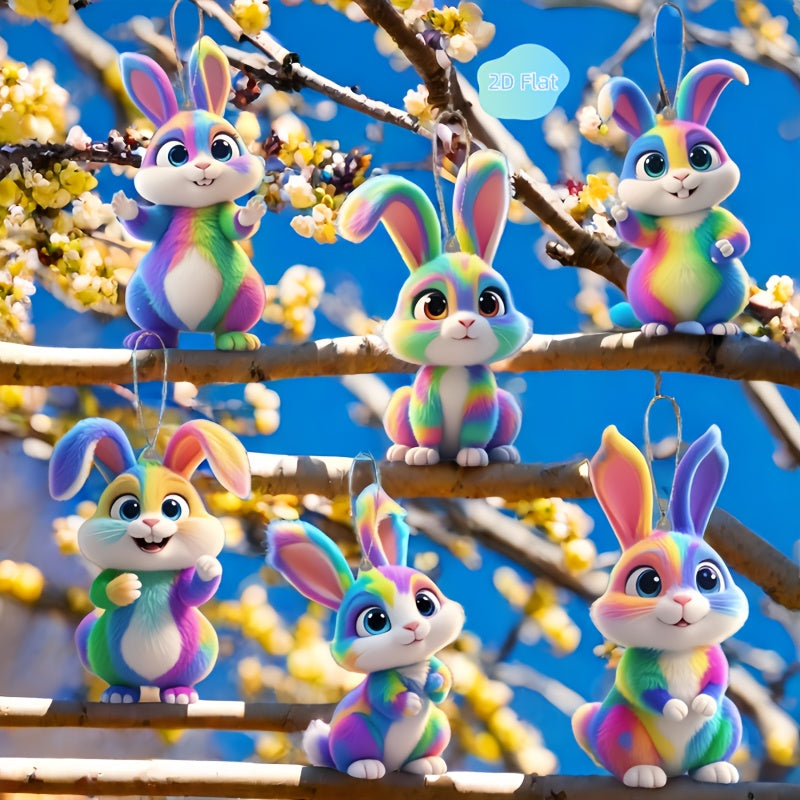 6 Easter Rabbit Ornaments, Colorful 2D Acrylic