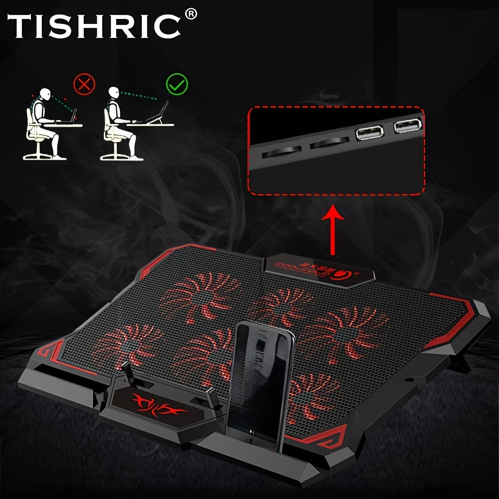 TISHRIC 6-Quiet Fan Laptop Cooling Pad with USB Power, Adjustable Height & Angle, Ergonomic Design for Gaming & Office Use, Black with Red Accents, Adjustable Laptop Stand