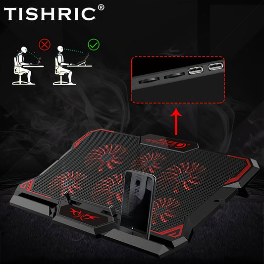 TISHRIC 6-Quiet Fan Laptop Cooling Pad with USB Power, Adjustable Height & Angle, Ergonomic Design for Gaming & Office Use, Black with Red Accents, Adjustable Laptop Stand