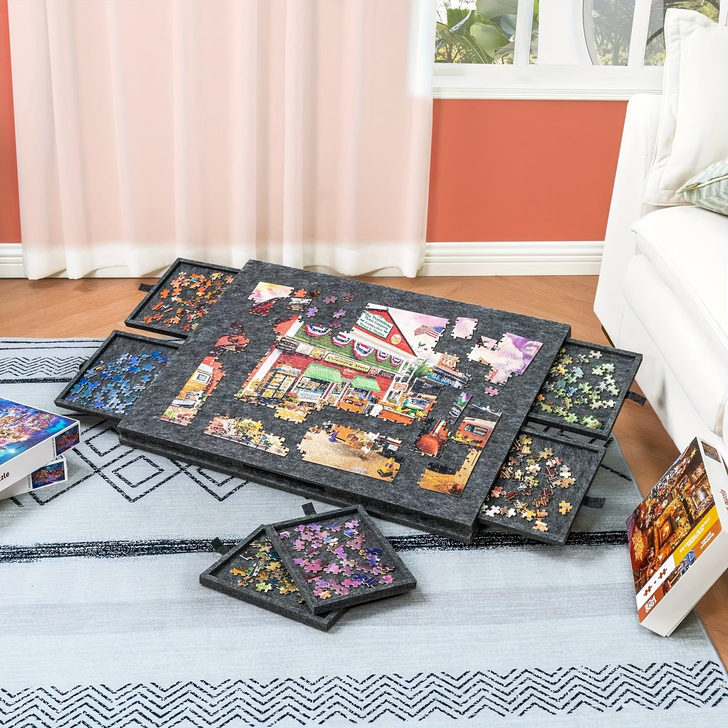 Puzzle table with stand, 6 drawers, portable design, sorting board, and integrated felt surface for children.