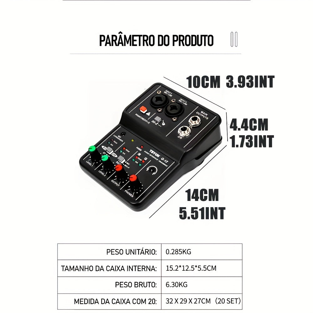 BOMGE Q12 2-Channel Portable Audio Interface, Professional USB MIXER for Guitar Recording, Compatible with PC, USB Powered, ABS, Black