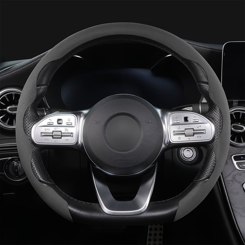 Non-slip, universal steering wheel cover with sweat-absorbing buckle for cars.