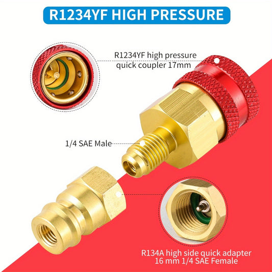 Pair of R134YF Quick Connect Adapters for R1234YF to R134A High/Low Side Fittings, AC Charging Hose Adapter for Car Air Conditioning, No Power Required