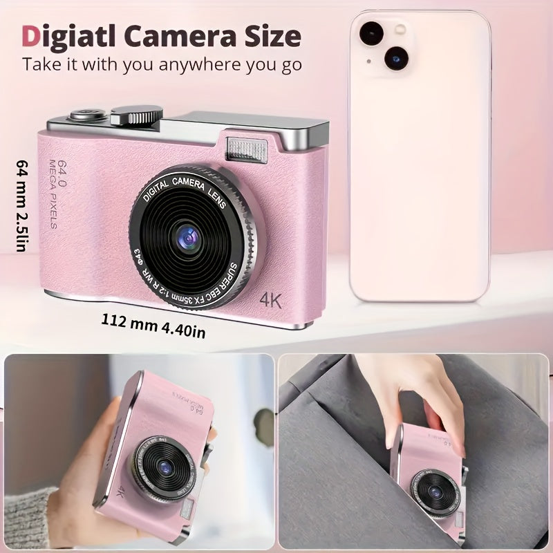 16X Zoom HD Digital Camera for Beginners with USB rechargeable camcorder, webcam function. Ideal gift for teens and holidays. Available in white, pink, purple, green.