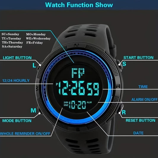 Современные мужские цифровые часы с LED ночной подсветкой, будильником и секундомером - прочный резиновый корпус, силиконовый ремешок, идеальны для активного отдыха и модных подростков