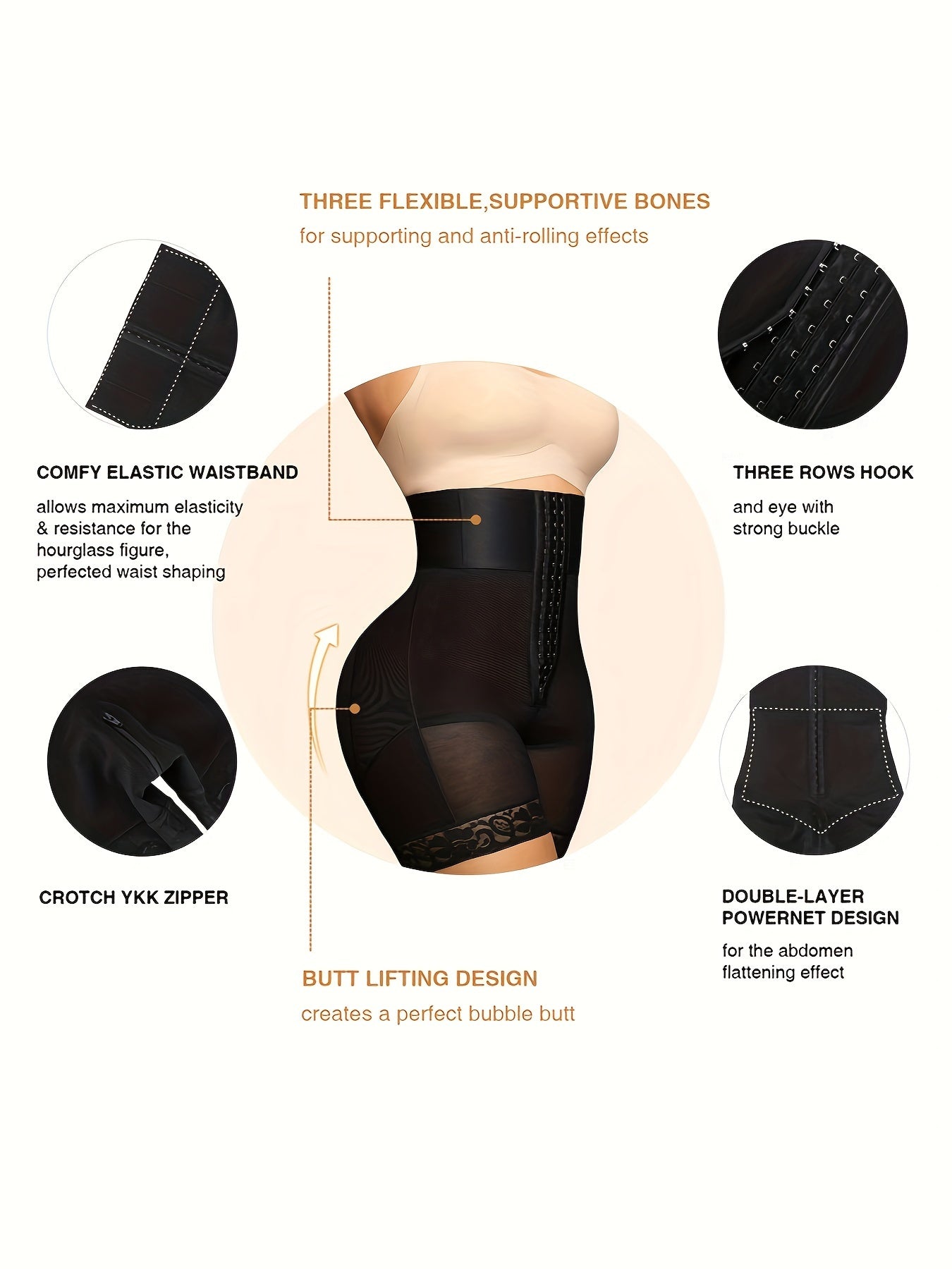 High-waist shapewear shorts with tummy control and lace trim, seamless body shaper for slimming under dresses.