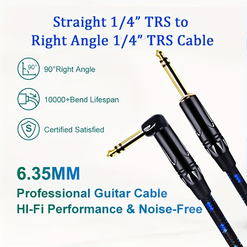 Two 1/4 Inch TRS Instrument Cables with 90 Degree Right-Angled to Straight connectors, suitable for various musical instruments and equipment.