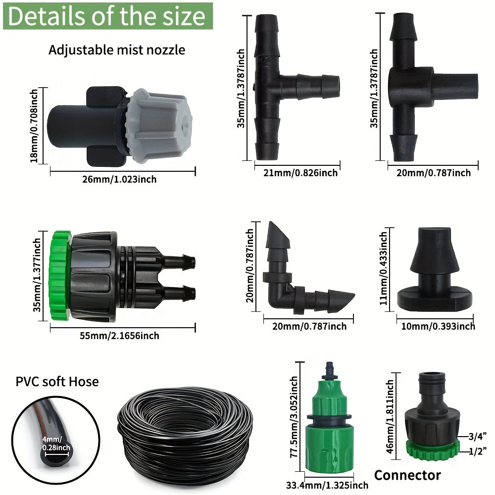 10-20M Automatic Watering System with Portable Mist Fog Nozzles, Garden Hose Spray Head and Tee Connector. Universal in Europe and America, Plastic construction, No electricity required