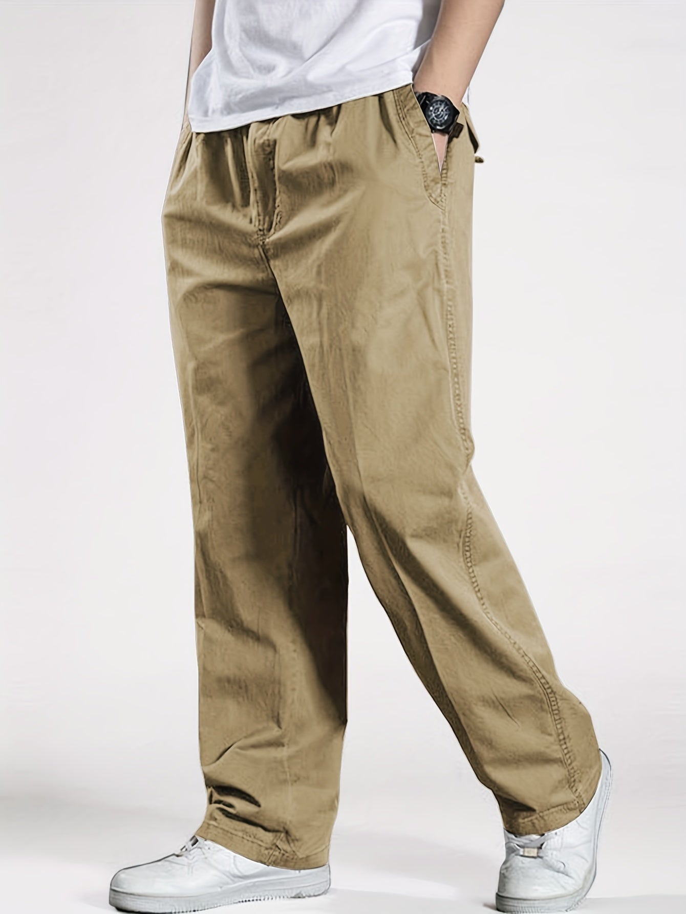 Classic Men's cargo pants with elastic drawstring waist in solid color for Spring/Fall comfort.