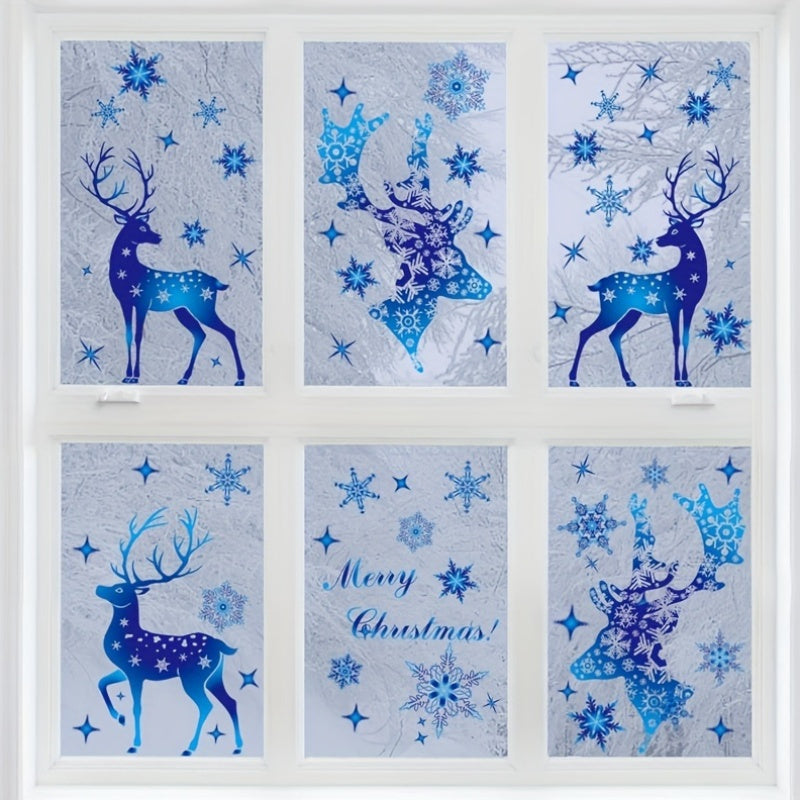 Christmas window decorations set including 5 pieces of window adsorption Christmas deer and snowflake stickers. Blue removable window decals perfect for Christmas party decoration.