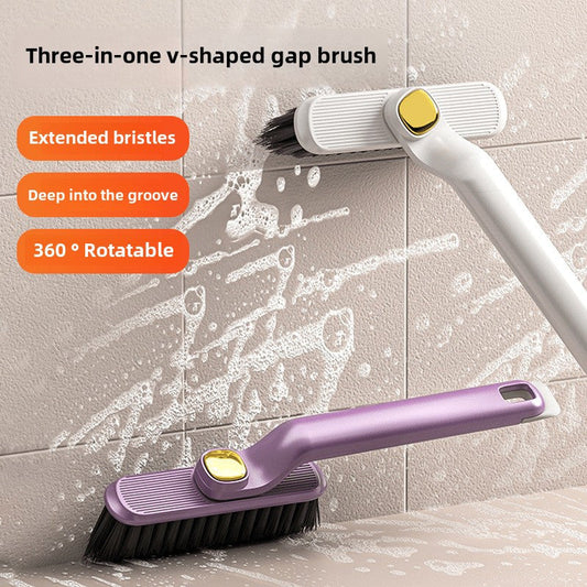 Versatile cleaning brush with rotating head for deep scrubbing in tight spaces - ideal for grout, bathrooms, kitchens, and living rooms. Features extended bristles, 3-in-1 V-shaped gap brush, no electricity required, made of durable plastic. Perfect for