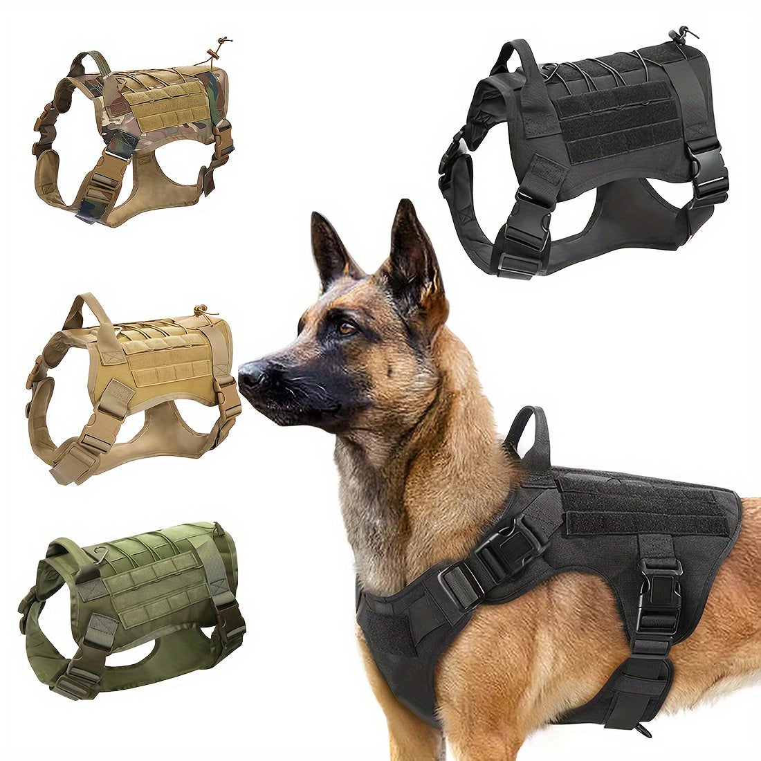 Durable black nylon tactical harness designed for large breeds for outdoor training and activities.