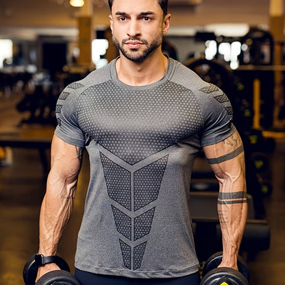 Men's athletic compression t-shirt with arrow print, made of breathable polyester fabric. Ideal for gym and fitness lovers.