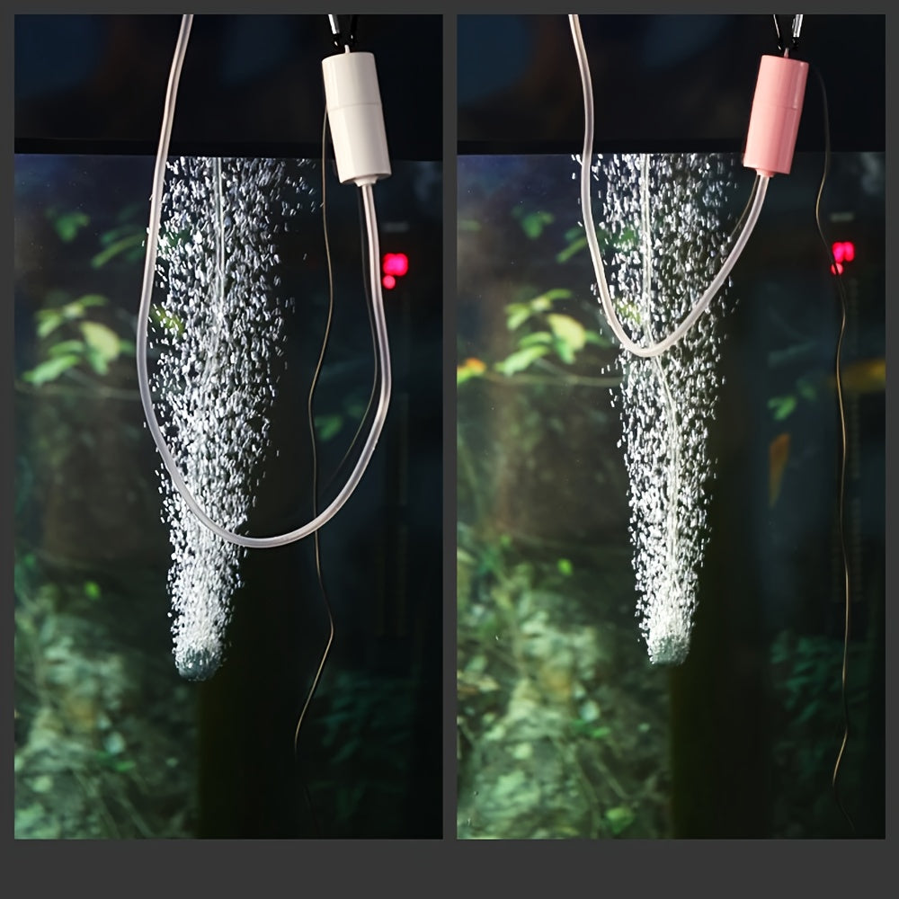 Compact USB aquarium air pump with air stone for fish tanks, available in multiple colors.