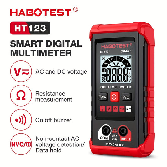 HABOTEST HT123 Digital Smart Multimeter with Voltage, Resistance, Current, Continuity Test and CAT III 600V Safety Rating.