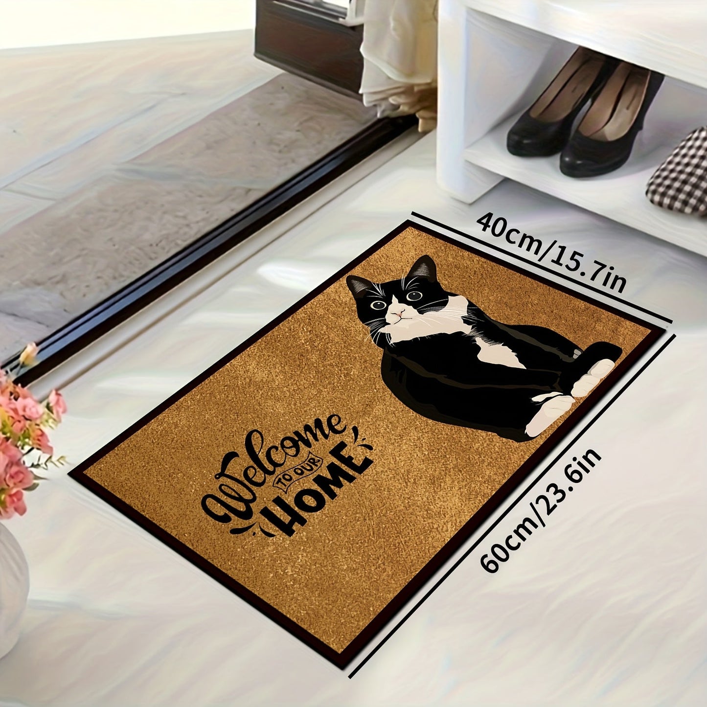 Retro Black & White Cat Welcome Doormat - 1 Piece, Made of Polyester Blend, Easy to Clean in the Washing Machine, Non-Slip Entryway Rug Ideal for Home Gaming Room Decor