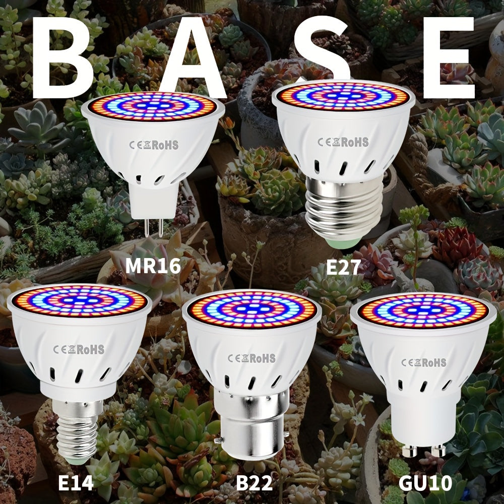 LED grow light bulb with full spectrum, 220V, compatible with E27 & GU10, suitable for indoor plants, hydroponics, succulents, and seedlings. Has UV IR for plant growth, available in red