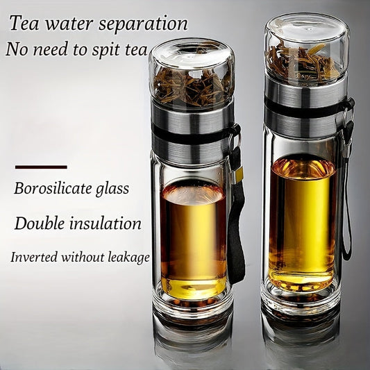 Borosilicate Glass Tea Cup with Double-Wall Design, Stainless Steel Infuser, Portable Tea Brewing Cup with Separate Compartment, Heat-Resistant and Insulated, Clear Mug for Office or Outdoor Use, Suitable for Car Mounting, Professional-Grade Drinkware