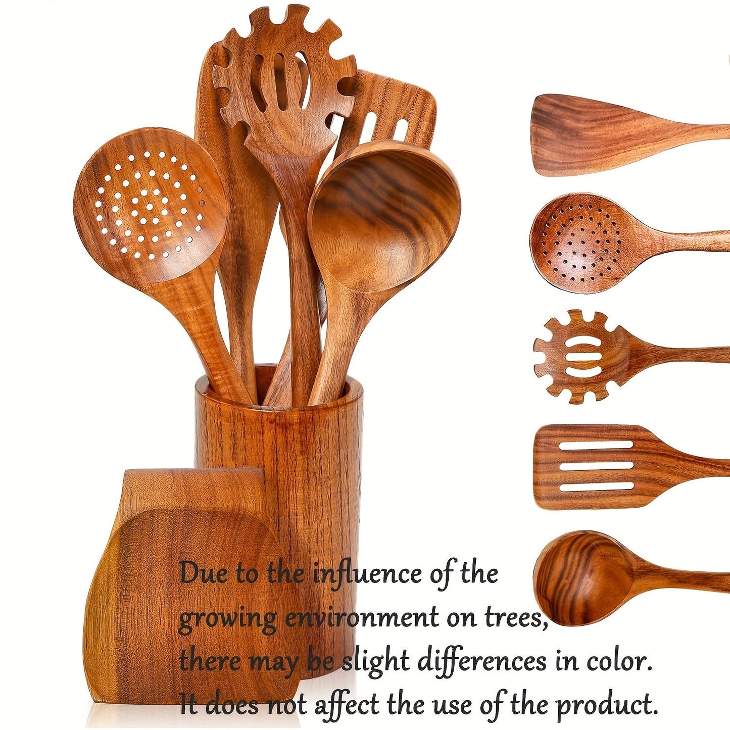 Set of 7 Wooden Kitchen Utensils with Holder - Sturdy, Heat-Resistant Cooking Tools such as Spoons, Spatula & More