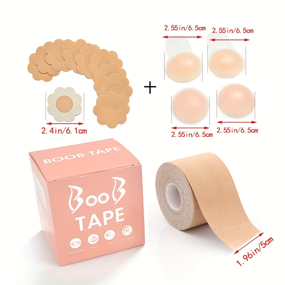 Invisible lingerie set includes stick-on nipple pasties and breast support body tape for women.