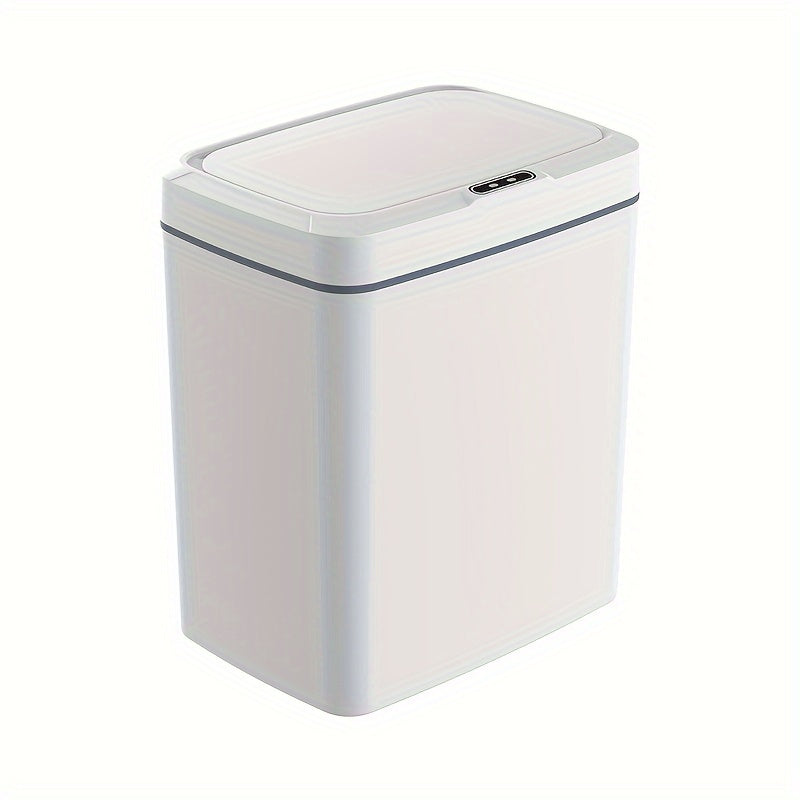 White smart trash can with automatic opening, infrared sensing, and button control for home and office use.