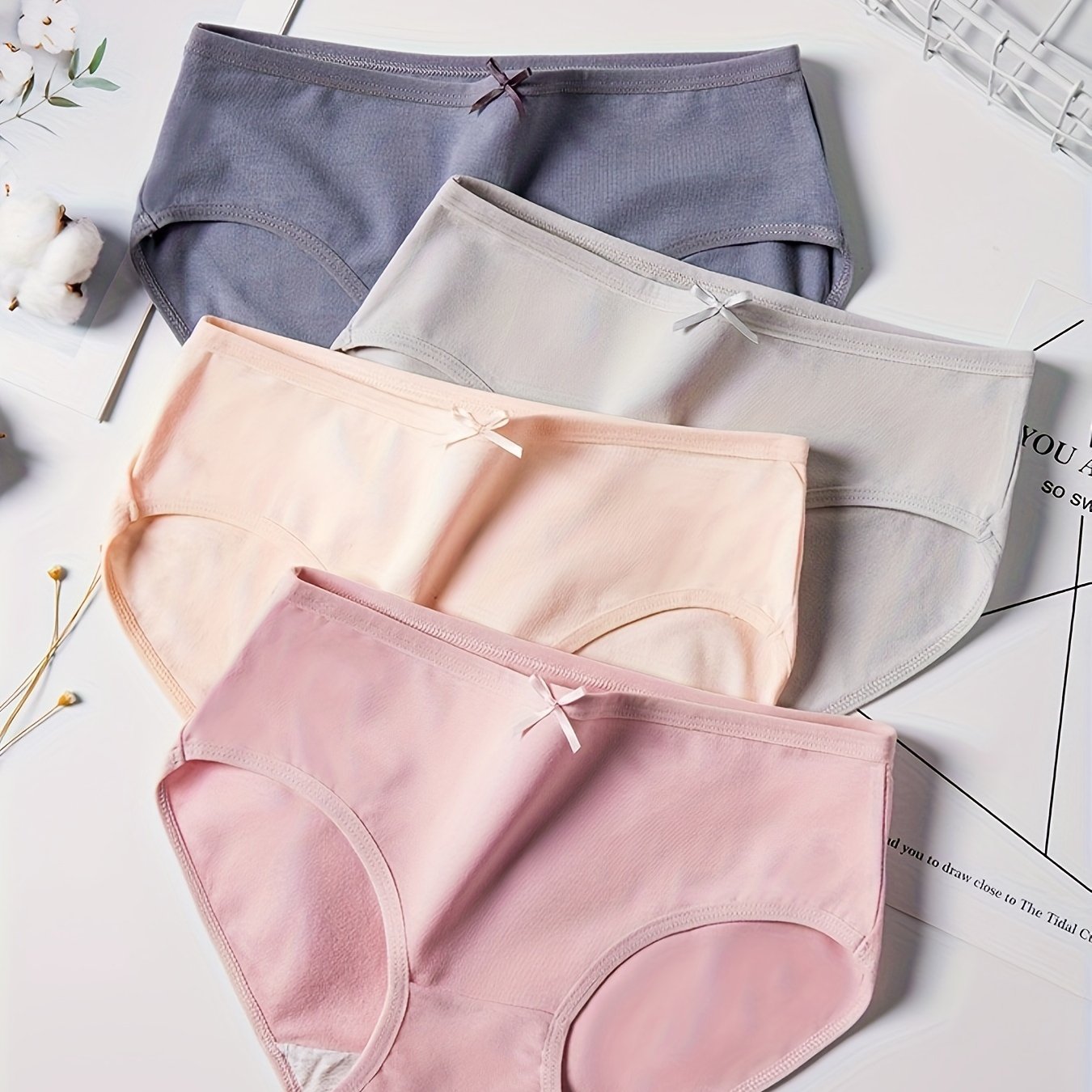 Set of 4 basic solid bow briefs, comfortable and breathable stretchy panties for women's lingerie.