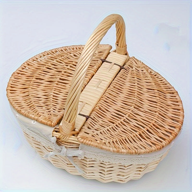 Wicker picnic basket with lid, insulated net, outdoor storage for garden & lawn, wooden frame, ideal for picnics & gardening.